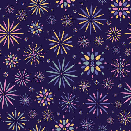 Seamless pattern of brightly coloured simple mandala shapes on a dark blue background.のイラスト素材