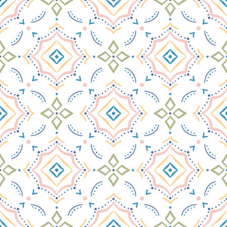 Seamless multicoloured abstract tile pattern on a white background.