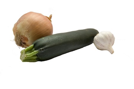 Zuccini, onion and garlicの写真素材