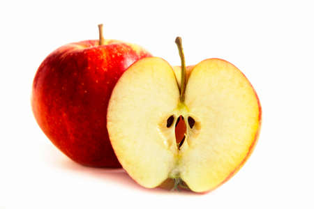 Juicy apple with a beautiful apple half showing the core house. Red nice color.の写真素材