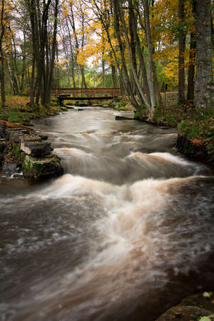 A bridge over the river in autumn colors.の写真素材