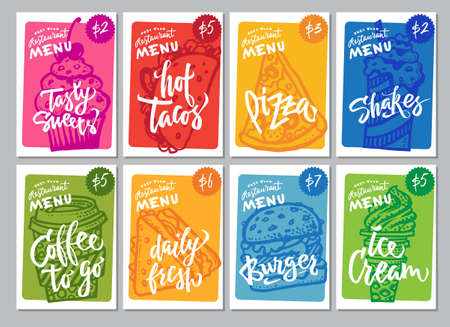 Hand-drawn Fast food menu. Background with food for menu and advertising or packaging. Sketch. Vector designのイラスト素材