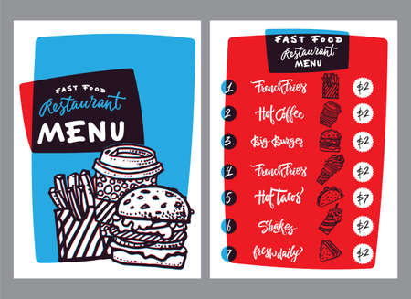 Fast food menu design and fast food hand drawn vector illustration. Restaurant or cafe menu template with burger sketch. Fast food menu cover layout with breakfast, drinks, sweet and other menu itemsのイラスト素材