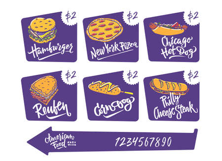 Hand drawn illustration popular American Food varieties Corn Dog, Chicago Hot Dog, Hamburger, Philadelphia Cheese Steak, Reuben Sandwich, Mac and Cheese, New York Pizza.のイラスト素材