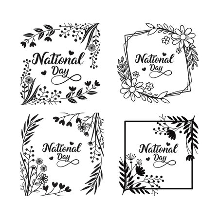 Illustrated compositions featuring National Day text in elegant frames adorned with floral and botanical accents, ideal for celebratory design projects.のイラスト素材
