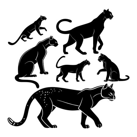 Illustrations of sleek black panthers outlined in silhouette, depicting different poses and dynamic expressions. Ideal for design concepts, wildlife art, and symbolizing strength and elegance.のイラスト素材