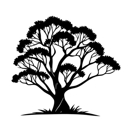 Silhouette of a large, elegant tree with intricate branches and lush foliage. The contrasting black-and-white style emphasizes the shape and structure of the tree, ideal for designs and nature-themed visuals.のイラスト素材