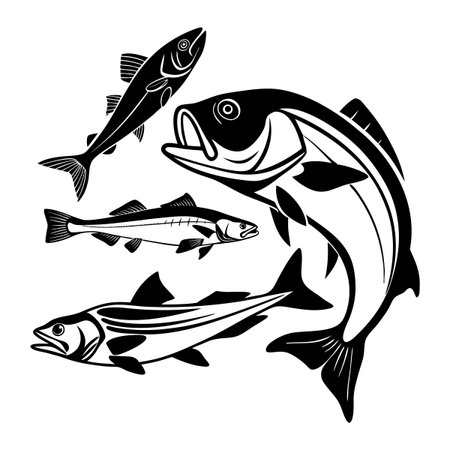 Detailed black and white illustration depicting various species of fish, showcasing intricate designs ideal for educational, artistic, and decorative purposes.のイラスト素材