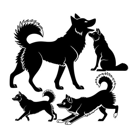 Stylized dog silhouettes depicting various positions, including standing, sitting, walking, and stretching, perfect for pet illustrations, graphic design elements, or animal-themed design use.のイラスト素材