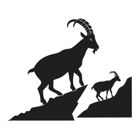 Illustration depicting silhouettes of mountain goats scaling rugged cliffs. The image emphasizes nature, wildlife, and the adventurous spirit of these agile animals in their high-altitude habitat.のイラスト素材