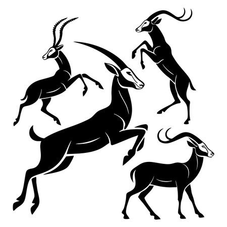 A collection of dynamic, stylized black antelope figures captured in elegant motion, showcasing their grace, agility, and natural beauty, designed with high contrast for art and decorative purposes.のイラスト素材