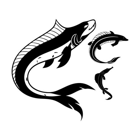 Stylized black and white designs depicting various fish in artistic and creative forms. These vector graphics are perfect for marine-themed projects and an excellent addition to creative digital artworks.のイラスト素材