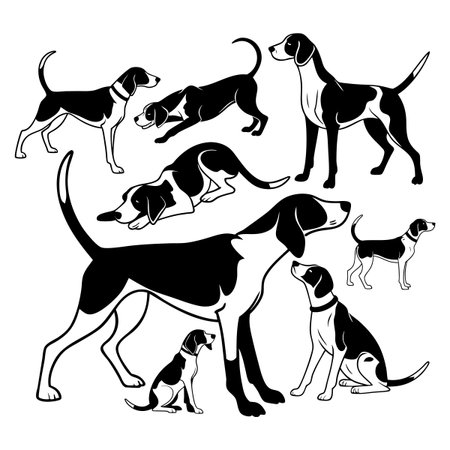 Artistic illustrations of beagle dog silhouettes depicting various postures, showcasing elegance and playfulness, ideal for graphic design use or as pet-themed visual art pieces.のイラスト素材