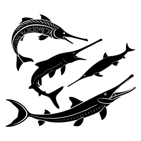 Silhouettes of diverse prehistoric fish, showcasing unique shapes and textures, presented in a monochromatic black-and-white style that emphasizes their distinct characteristics and ancient origins.のイラスト素材