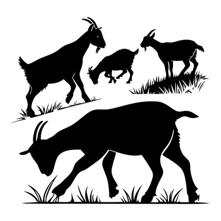 Shadowed depictions of goats exploring and feeding among grass in a natural outdoor scenery, showcasing nature and wildlife charm.のイラスト素材