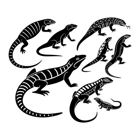Stylized collection of lizard illustrations in black contrast, featuring unique patterns and designs, showcasing diversity of reptilian forms in a modern aesthetic style.のイラスト素材