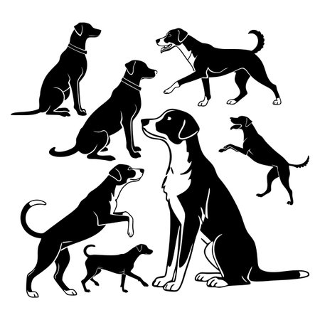 Silhouette illustrations of dogs in different poses, showcasing activities and expressions in artistic style.のイラスト素材