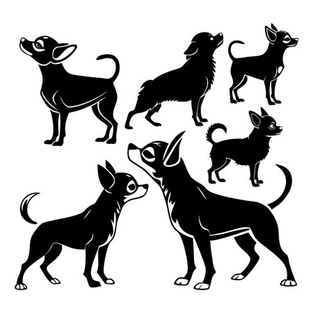 Black and white vector illustration showing stylized silhouettes of chihuahua dogs in distinct poses, capturing their breed characteristics and elegance.のイラスト素材