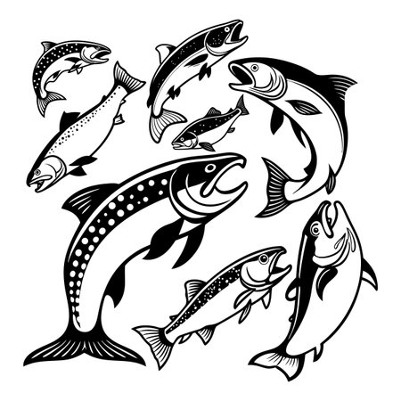 Detailed vector illustration of multiple fish species in black and white, showcasing uniqueness and aquatic diversity.のイラスト素材