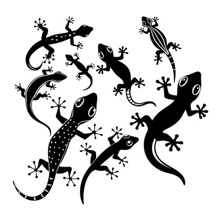 Illustration of multiple stylized gecko silhouettes arranged dynamically on a white background, showcasing their unique shapes and intricate details. Perfect for design projects featuring reptiles or wildlife themes.のイラスト素材