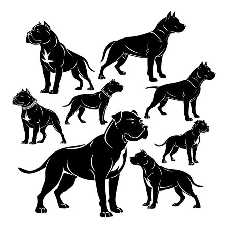 Multiple black silhouette images of pitbull dogs shown in various postures, highlighting their muscular build, strength, and distinct appearance. Ideal for designs or breed representation.のイラスト素材