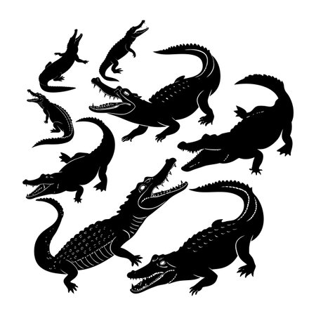 Silhouettes of alligators and crocodiles presented in various rhythmic poses on a white background. Ideal for wildlife, nature, or graphic design themes, emphasizing reptilesâ iconic shapes and dynamics.のイラスト素材