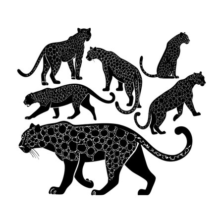 Artistic silhouettes of leopards designed with geometric patterns, showcasing majestic wild animals in different poses, ideal for creative interpretations of wildlife and abstract designs.のイラスト素材