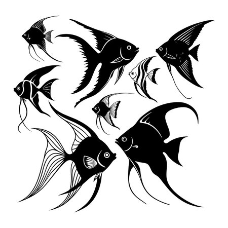 Black and white artistic depiction of elegant angelfish in various shapes and designs. Often used in aquatic themes, decor, or art with a touch of marine beauty.のイラスト素材
