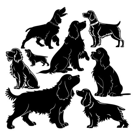 An illustration showcases black silhouettes of dogs in various poses, highlighting their playful and expressive stance, perfect for dog-themed art, pet lovers, or creative graphic design projects.のイラスト素材
