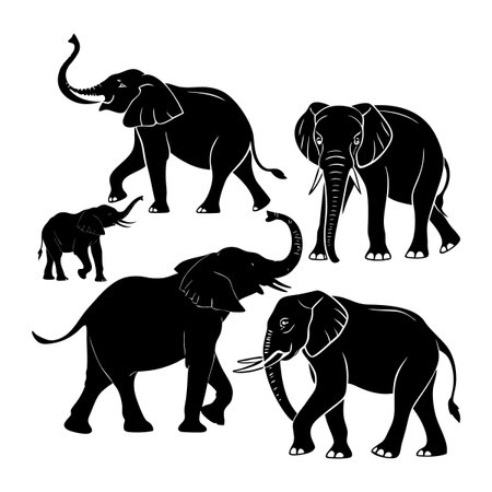 Collection of artistic black elephant silhouettes, beautifully showcasing various poses and expressions, symbolizing strength, grace, and wisdom, ideal for artistic, educational, and decorative purposes.のイラスト素材