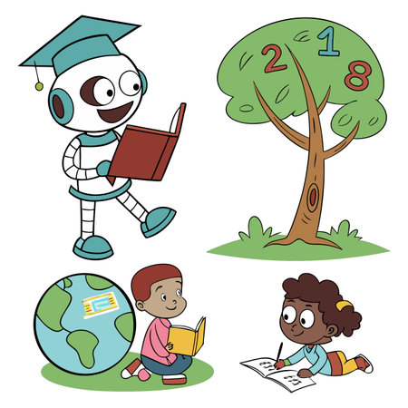 This vector image features a robot reading, children engaged in books, and a learning tree with numbers. It captures the joy of learning and exploration in a colorful and engaging way.のイラスト素材