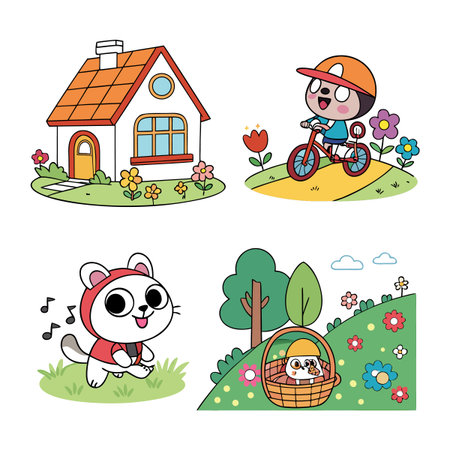 A delightful cartoon vector illustration set featuring four cheerful scenes: a cozy flower-surrounded house, a smiling boy cycling, an adorable singing cat, and a picnic basket in a bright grassy meadow with trees and flowers. Perfect for childrenâs books, educational designs, stickers, and playful vector artwork.のイラスト素材