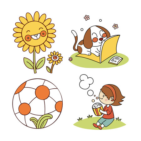 This vector artwork features adorable and cheerful elements a smiling flower a playful dog reading and a child enjoying snacks perfect for children's themes or playful designsのイラスト素材