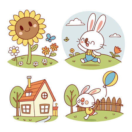 Delightful cartoon illustrations of a cheerful bunny with balloons, smiling sunflower, scenic flowers, a quaint house, and a beautiful outdoor setting, exuding happiness and charm for joyful and whimsical themes.のイラスト素材