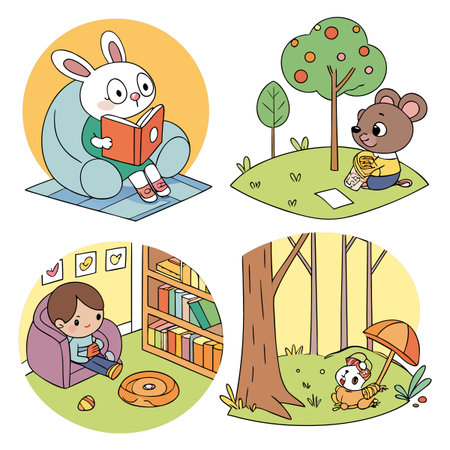 Charming cartoon artwork showcasing animals engaging in relaxing hobbies such as reading, outdoors, and spending quality time in nature. Perfect for themes of leisure, relaxation, and enjoying simple moments.のイラスト素材