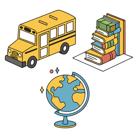 Colorful educational themed icons showing stacked books, a world globe, and a yellow school bus in a flat design style for learning, teaching, and academic concepts.のイラスト素材