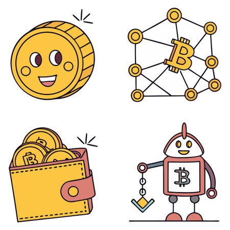 This vector image features cheerful cryptocurrency elements including a coin, wallet, and robot. It emphasizes the digital currency concept and innovation in finance, making it ideal for tech and finance-related projects.のイラスト素材