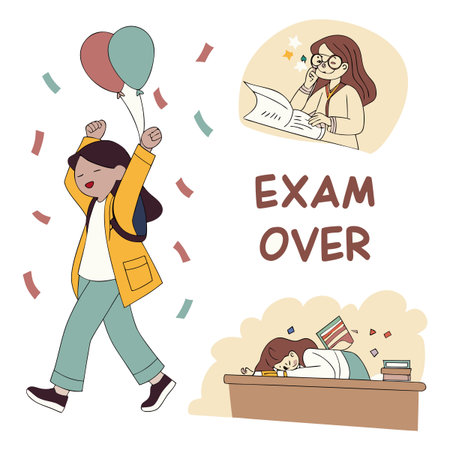 This vibrant vector image captures the celebration of students after exams with balloons and joyful expressions. it depicts the contrast of studying and the relief of finishing an exam. perfect for educational themes.のイラスト素材