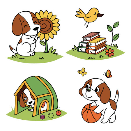 This delightful vector set features playful puppy illustrations engaged in joyful activities amidst nature. The designs include a puppy playing with a ball, a cheerful bird, colorful books, and a cozy doghouse for charming artwork projects.のイラスト素材