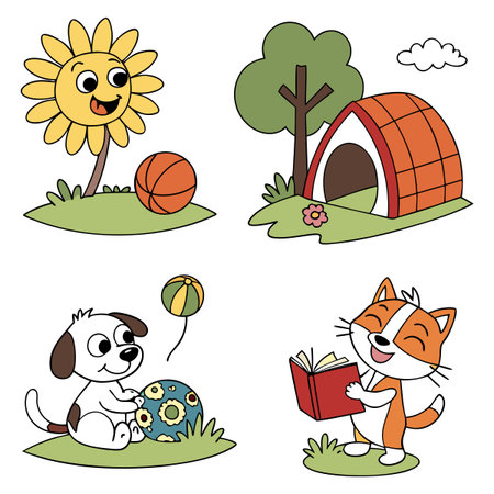 This vector image features playful animals in a vibrant outdoor setting. A happy dog and a lively cat enjoy their toys and surroundings. There is a flower, a tree, and a house in this delightful illustration.のイラスト素材