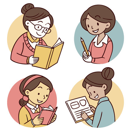 This vector image showcases four women immersed in various activities such as reading and writing. The design highlights the joy of learning and the beauty of creativity in a colorful and engaging style, perfect for diverse projects.のイラスト素材