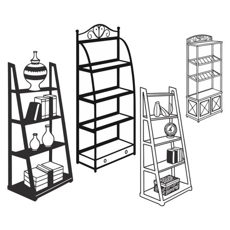 This collection features four stylish vector silhouettes of shelves showcasing elegant designs. Ideal for graphic projects, these versatile shelf illustrations can enhance home decor themes and provide inspiration for interior designers and artists.のイラスト素材