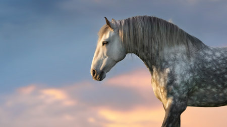 Gray horse with a long mane close-up portrait against the sunset skyの写真素材