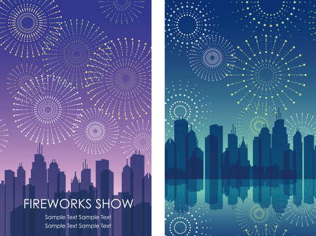 A set of two fireworks with cityscapes.のイラスト素材
