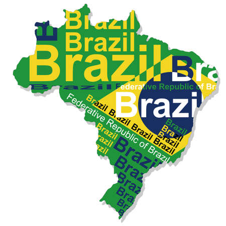 A vector map of Brazil composed of the shape of the land, the country name, and the colors of the national flag.のイラスト素材