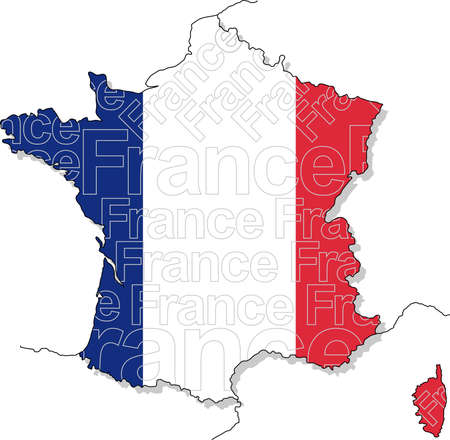 A vector map of France composed of the shape of the land, the country name, and the colors of the national flag.のイラスト素材