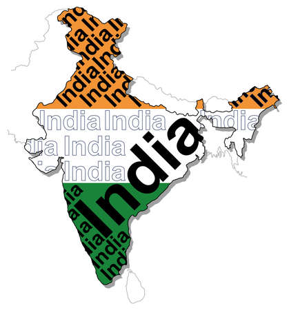 A vector map of India composed of the shape of the land, the country name, and the colors of the national flag.のイラスト素材