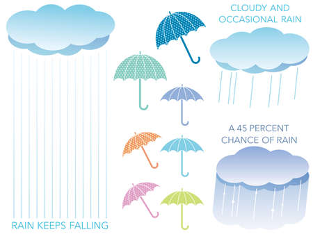 A set of various vector illustrations of the rain, clouds, and umbrellas.のイラスト素材