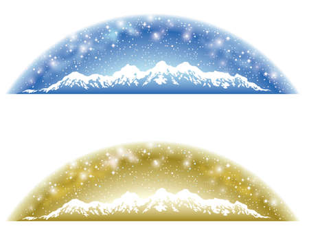 A set of two hemispherical backgrounds of snowy mountains and the starry sky in blue and gold.のイラスト素材