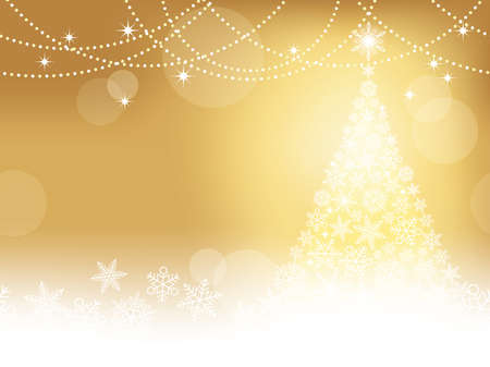 Seamless abstract winter gold background with Christmas tree and snowflakes, vector illustration.のイラスト素材